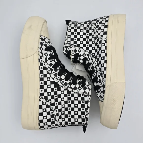 Zara Lace-Up High-Top Canvas Sneakers, Black/White Checkered pattern with stars - Picture 13 of 15